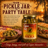 Cajun Chef Pickled Okra 64oz in a glass jar with a gold lid, surrounded by Cajun-style snacks and a sandwich, with a Louisiana swamp sunset background.