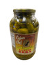 Cajun Chef Pickled Okra 64oz, jar of pickled okra pods in a glass jar with a gold lid, labeled with Cajun branding and Louisiana state emblem, liquid-filled, clear view of seasoned okra inside.
