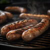 Alligator and Pork Boudin 2lb, grilling sausages with grill marks and steam rising from them on a barbecue grill.