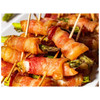 Big Easy Foods Bacon Wrapped Asparagus With Cheddar and Cream Cheese 2.5lb, close-up of bacon-wrapped jalapenos filled with cheddar and cream cheese, garnished with green asparagus in skewers.