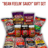 Ragin Cajun "BEAN FEELIN' SAUCY" Gift Set, assortment of seasoned beans and seasonings including white beans, pinto beans, red beans, black beans, roux, creole, etouffee, jambalaya, and shrimp seasoning.