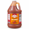 Louisiana Fish Fry Cravin Cajun Hot Sauce 128oz, large plastic jug of spicy red hot sauce with a white screw-on cap and a label featuring red and orange colors, a picture of red peppers, and nutrition facts.
