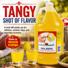 Cajun Chef Pickle Juice - 1 Gallon, bright yellow gallon jug of dill brine with a red and white label, two shot glasses filled with pickle juice, fresh pickles on a white plate, and a football in the background, showcasing a bold pickle flavor for athletes, outdoor days, and everyday recovery.