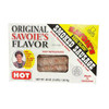 Savoie's Hot Sausage 3lb Box, packaged sausage with a visible window showing the sausage inside, featuring bold text and label details on the packaging.