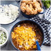 Blue Runner Four Bean Chili Starter 27oz, prepared chili with cheese, beans, and toppings in bowls.