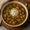Carnival Gumbo Base with Okra 4lb, bowl of gumbo featuring sausage, chicken, okra, and rice served on a wooden platter.