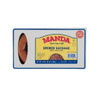 Manda Fine Meats Manda Mild Smoked Sausage 3lb Loops, packaging with a clear window showing the smoked sausage inside and a yellow label with red and blue accents.