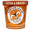 New Orleans Ice Cream - Coffee & Chicory - 16oz Pint, orange container with coffee and chicory flavor branding, featuring a scoop of ice cream with a swirled design and coffee bean graphic.