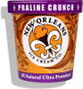 New Orleans Ice Cream - Praline Crunch - 16oz Pint, a purple and orange ice cream container featuring a fleur-de-lis logo and decorative design.