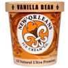 New Orleans Ice Cream - Vanilla Bean - 16oz Pint, container of vanilla bean ice cream with orange, white, and brown packaging and logo featuring a scoop of ice cream in a cone with a swirl design.