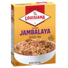 Louisiana Fish Fry Jambalaya Mix 7.5oz, product packaging with an image of cooked jambalaya in a bowl showing rice, sausage, and shrimp.
