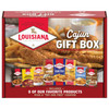Louisiana Fish Fry Gift Box, an assortment of eight Louisiana Fish Fry products including seasoned fish fry, chicken fry, gumbo, crawfish jambalaya, BBQ shrimp, cobbler, and brown gravy, in a red packaging box.