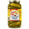 Cajun Chef Whole Hot Dill Pickles 128oz, large glass jar filled with whole spicy dill pickles in brine, with a colorful label featuring a chef cartoon and product details.