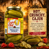 Cajun Chef Whole Hot Dill Pickles 128oz, jar of large whole dill pickles with a sunset background, surrounded by fresh peppers and sliced pickles, highlighting bold Cajun flavor and crunchy texture.