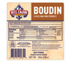 Reel Cajun Hot Pork Boudin 2lb, packaged in a rectangular label with a blue and red logo, nutritional information, and cooking instructions.