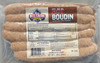 Reel Cajun Hot Pork Boudin 2lb, packaged rice and pork sausage in clear plastic wrapping with nutrition label and branding.