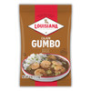 Louisiana Fish Fry Gumbo Base 4oz, packaged seasoning in brown and red bag with image of shrimp and rice gumbo dish on front.