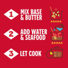 Louisiana Fish Fry Cajun Etouffee Base 2.5oz, Cajun etouffee seasoning mix in a small packet, with cooking instructions illustrated on a red background.