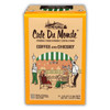 Cafe Du Monde Coffee & Chicory Single Serve Pods, box featuring vintage-style illustration of a French market coffee stand with people enjoying coffee outside under green and white striped umbrellas.