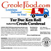 Cornbread Turducken Roll 5lbs (Serves approximately 6-8), package label for a frozen turducken roll stuffed with Creole cornbread, showing cooking directions, ingredients, and serving information.