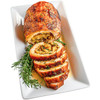 Creole Foods of Louisiana Cornbread Turducken Roll 5lbs, sliced to reveal stuffing inside, served on a white rectangular plate garnished with fresh rosemary.