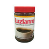 Luzianne Instant Coffee & Chicory 8 oz jar, glass container with red lid showcasing the product label and a cup of brewed coffee.