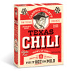 Carroll Shelby's Original Texas Chili Kit, a 3.65 oz box with a vintage design featuring a smiling man in a hat, checkered flags, and bold red and black text highlighting the product as gluten-free, with options to fix it hot or mild.