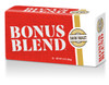 Bonus Blend Pure Dark 13 oz, packaging of ground dark roast coffee in a red and white box with gold accents and bold white text.