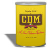CDM Coffee & Chicory Can RG 13 oz, yellow tin container of coffee and chicory blend with gray lid, featuring the CDM logo and red script text on the front.