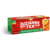 Luzianne Family Decaf Tea Bags 24 Count, green and red box of decaffeinated iced tea bags with lemon slices and ice cubes on packaging.