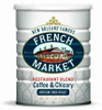 French Market Coffee Medium-Dark Roast Coffee & Chicory Rest, Bld 12 oz White Can, showcasing the product label with New Orleans' French Market branding and a depiction of a historic building.