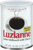 Luzianne Premium Blend Medium Dark Roast C&C 1 Lb Can, white container with a coffee cup illustration, featuring bold red and yellow text, and an open lid indicated at the top.