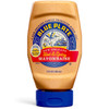 Blue Plate Hot & Spicy Mayonnaise, 12 oz bottle of rich and creamy mayonnaise with a spicy kick, featuring a vibrant label with blues, reds, and yellows.