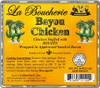 La Boucherie Bacon Wrapped Bayou Boudin Chicken 1 lb, colorful product label featuring cartoon crocodiles, product description, and cooking instructions.