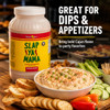 Slap Ya Mama Original Blend Cajun Seasoning 8 lb Food Service Jug, large plastic container with yellow and red label, placed on a table with Texas toast, crackers, vegetables, and a bowl of Cajun dip.