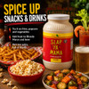 Slap Ya Mama Hot Blend Cajun Seasoning 7 lb Food Service Jug, a large white container with a red and yellow label, surrounded by dishes of snacks, popcorn, vegetables, and beverages.