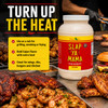 Slap Ya Mama Hot Blend Cajun Seasoning 7 lb Food Service Jug, large plastic container with red and yellow label, used on grilled foods, poultry, and seafood in a cooking setting.