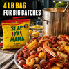 Slap Ya Mama Seafood Boil Seasoning 1 Gallon Jug, yellow packet with seafood boil ingredients and logo, placed next to a large seafood boil pot filled with shrimp, crawfish, crab, potatoes, and corn on a rustic outdoor table.