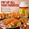 Slap Ya Mama Cajun Fish Fry 5.5lb - 1 Gallon Jug, with fried seafood dishes including fish, shrimp, and oysters on plates, and a large container of Cajun fish fry mix.