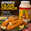 Slap Ya Mama Cajun Fish Fry 5.5lb - 1 Gallon Jug, a large container of Louisiana-style fish fry mix with image of fried fish fillets garnished with lemon wedges, parsley, and served alongside coleslaw and dipping sauce on a wooden table.