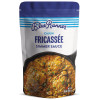 Blue Runner Cajun Fricassee 30oz Pouch, front view of the product packaging showcasing the Cajun fricassee in a cast iron skillet with herbs and ingredients.