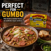 Savoie's Smoked Mild Beef & Pork Sausage 16oz, plastic package with sausages, cooked gumbo with sausage, rice, and vegetables in a bowl, featuring Cajun seasoning, easy-to-cook smoked sausage for authentic Cajun cuisine.