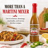 Boscoli Dirty Martini Olive Juice Hot 12.7oz, bottle of spicy olive juice for cocktails and cooking, with fresh ingredients and prepared dishes in the background.