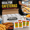 Slap Ya Mama Original Blend Seasoning Packets - 100 Count Case, display of seasoning packets in a box with food items and cafeteria setting in the background.