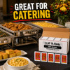 Slap Ya Mama Hot Blend Seasoning Packets - 100 Count Case, box of seasoning packets displayed at a catering event with various dishes including fried chicken, macaroni, corn, and greens.