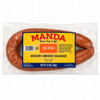 Manda Queso Smoked Sausage 12oz, packaged hickory-smoked sausage in clear plastic packaging with yellow and red label.
