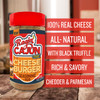 Ragin' Cajun Cheeseburger Seasoning & Rub- 8oz, bottle with a red cap displayed beside product features highlighting real cheese, all-natural ingredients, black truffle, rich savory flavor, cheddar, and Parmesan.