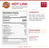 Patton's Beef Hot Links 5lb, product label showing nutrition facts, ingredients, keep frozen instructions, and 5 lb net weight.