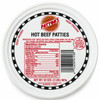 Patton's Hot Beef Sausage Patties 2lb, round frozen container lid showing the product label, nutrition facts, and 32-ounce net weight.