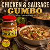 Savoies Light Roux 16oz, jar of old fashioned Cajun roux with a bowl of chicken and sausage gumbo, fresh vegetables, and spices on a rustic wooden table.